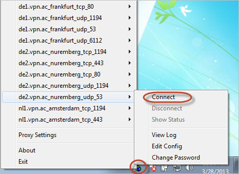 Right-click on OpenVPN GUI icon in System Tray to select the VPN Node you want to connect. Click Connect and insert your VPN username/password